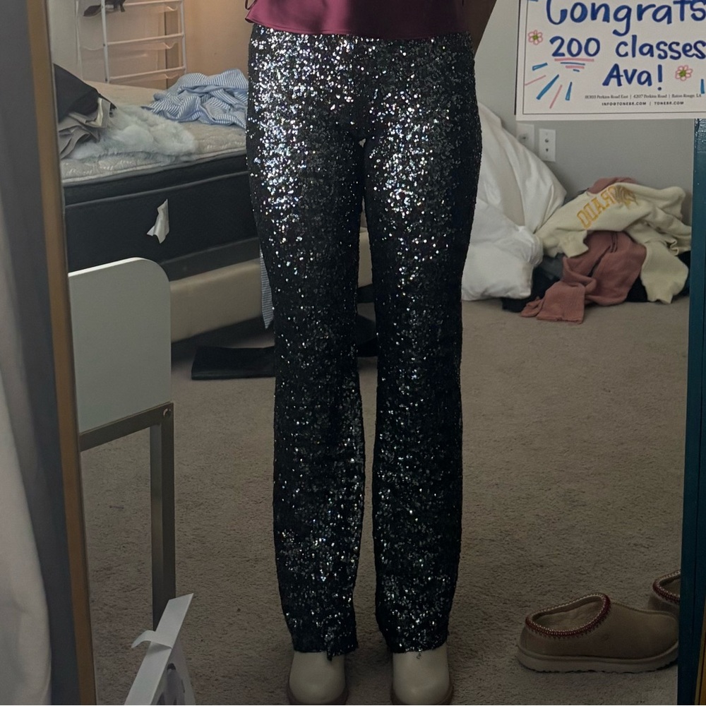 Zara Black Sequin Straight Leg Pants